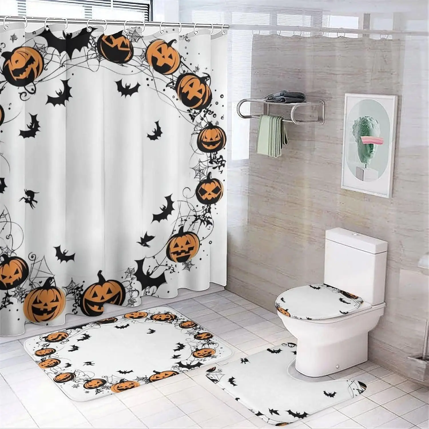 

Bathroom Rugs Sets 4 Piece with Shower Curtain, Halloween Pattern Printed on Bath Room Accessories Sets, Ideal for Bathroom