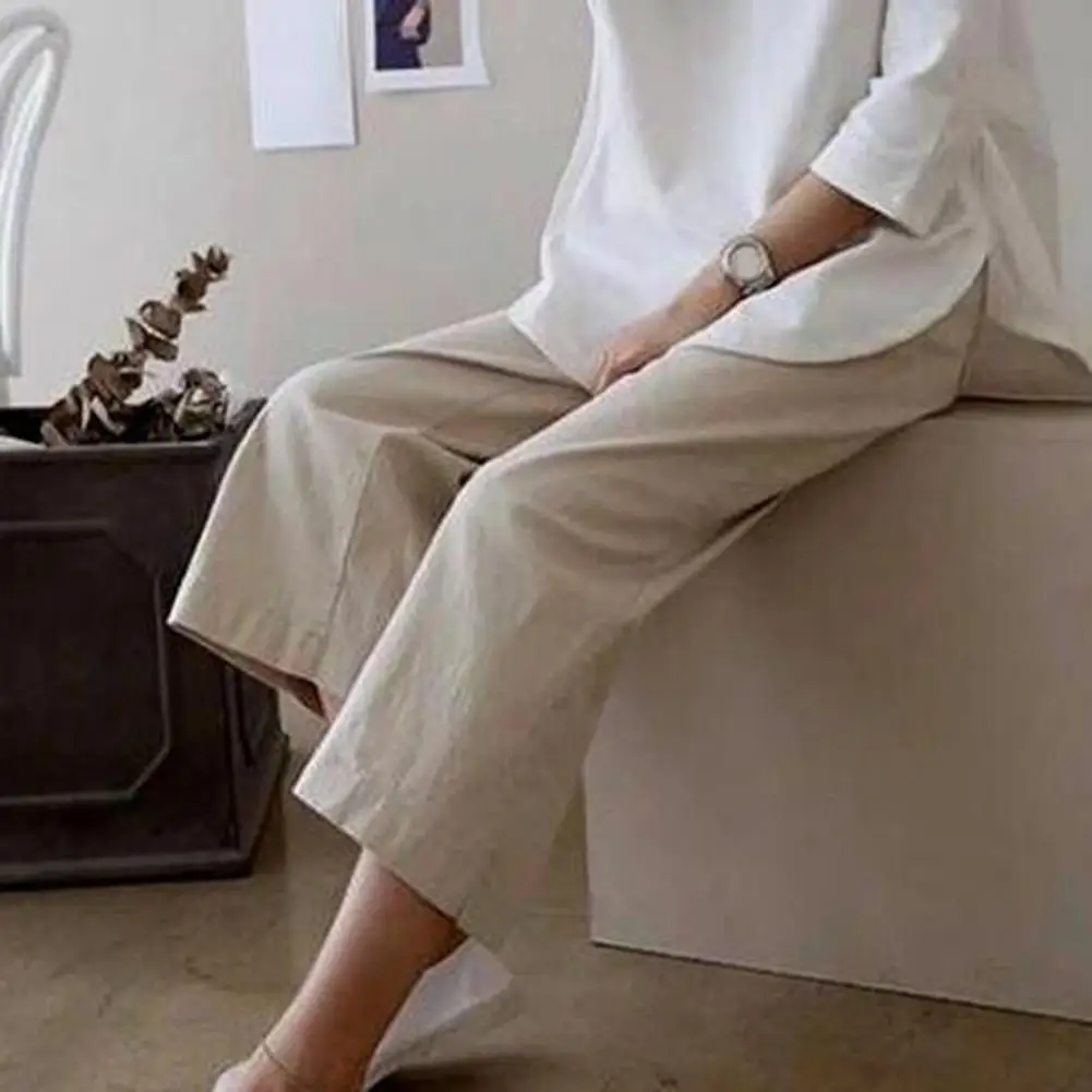 

Wide Leg Flax Pants Women Elastic Waist Thin Bottoms Pockets Casual Pants Lady Loose Trousers Summer Fashion Women's Pants