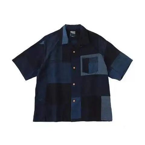 

Visvim Kofu Ict Wal Blue Dye Ancient Cloth Печворк ort Sve irt Японский ретро Sle Хлопок 00% Свободный крой Повседневный ...