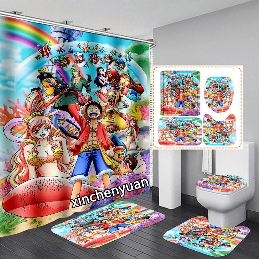 phechion Anime One Piece 3D Print Waterproof Bathroom Shower Curtain Toilet Cover Mat Non-Slip Floor Mat (1/3/4Pcs) W61