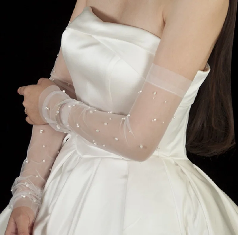 Disponibile guanti da sposa lunghi In Tulle perle guanti da sposa per donna Opera lunghezza manica da braccio da sposa guanti di protezione solare