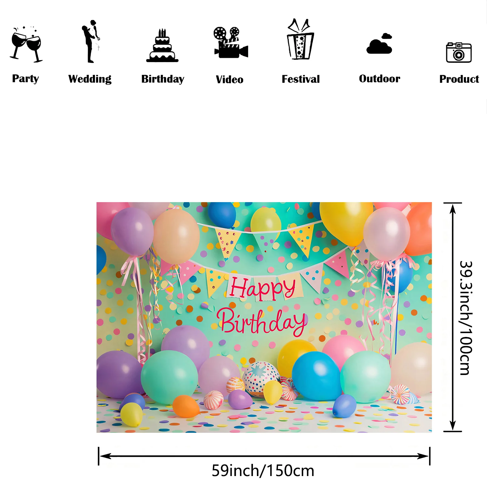 قماش خلفية لكشك الصور لعيد الميلاد السعيد - بالونات لامعة وأنماط كعكة، لحفلات الاحتفال للسيدات #3