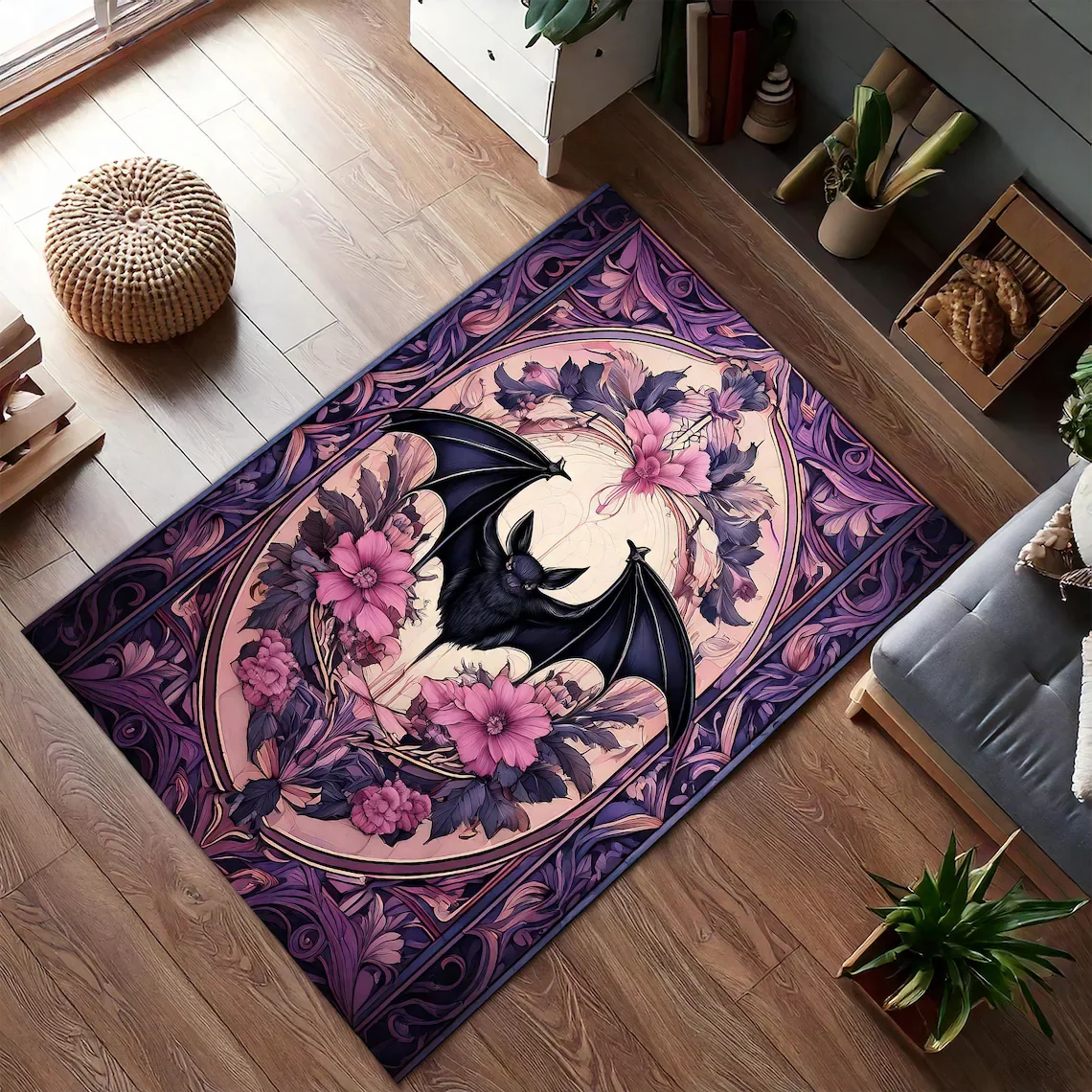 Fledermaus-Gothic-Teppich, dunkler Bodenteppich im Academia-Stil, mystischer Heusteppich mit Fledermaus-Design-Dekor, Halloween-Hexe-Raum-Bodenmatte