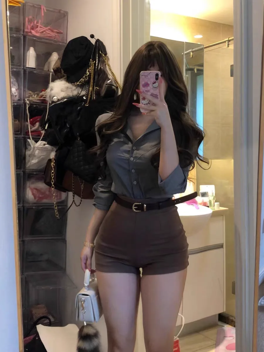 

Sexy Ladies Shirts Spring Autumn Fitted long-sleeved Top Solid Color Slim American Style Elegant Women Blouse Button Up Clothes