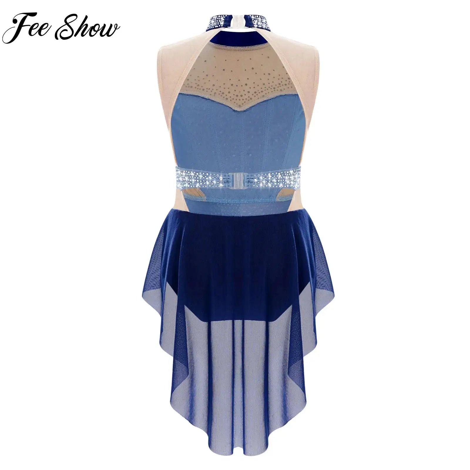 

Kids Girls Lyrical Dance Performance Costume Mock Neck Sleeveless Shiny Rhinestones Color Block Mesh Patchwork Skirted Leotard