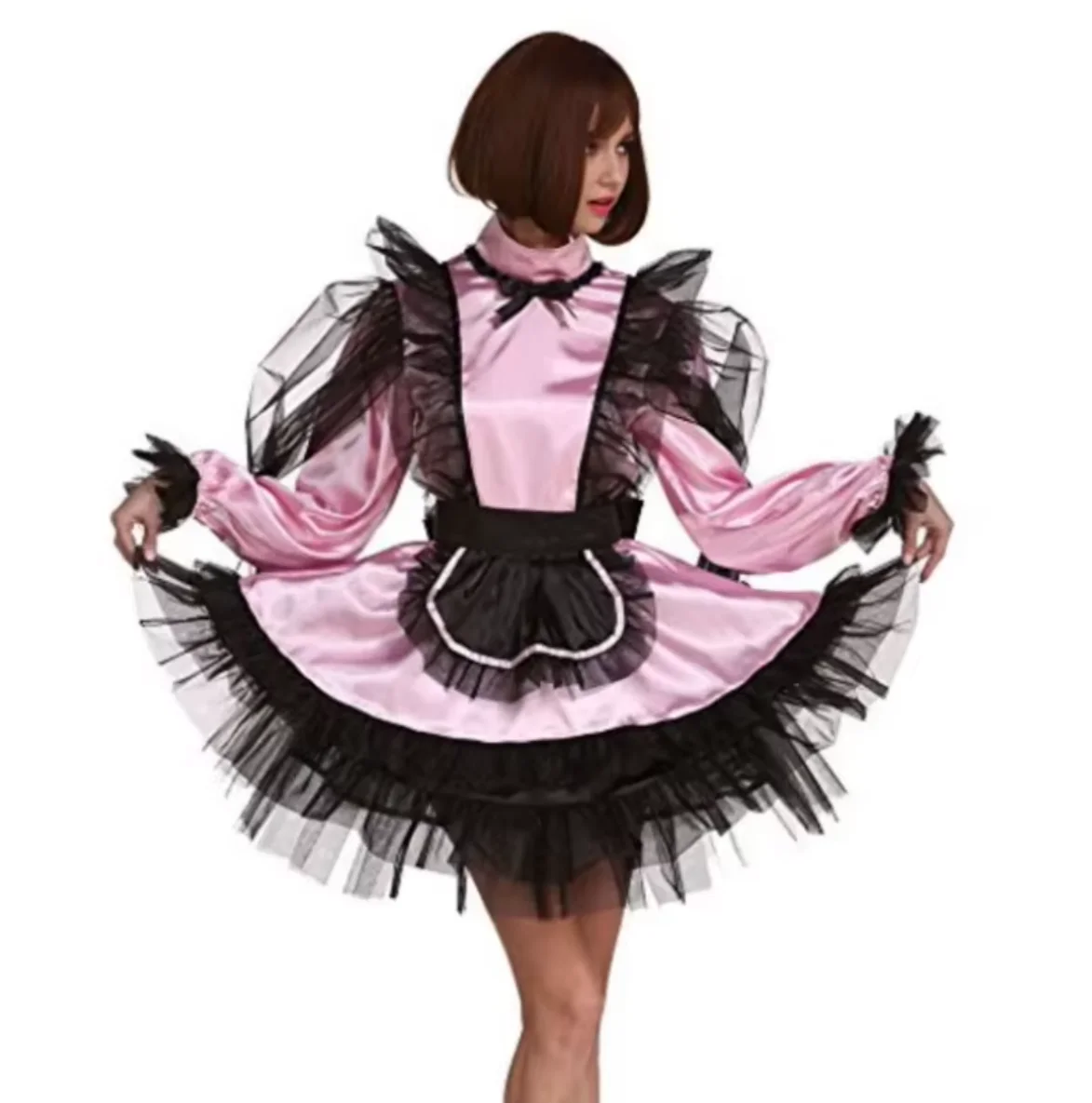 

French Sexy Adult Customized Fetishist Crossdressing Sissy Pink Satin Patch Black Tulle Fluffy Dress Long Sleeve Lace Cuff Dress