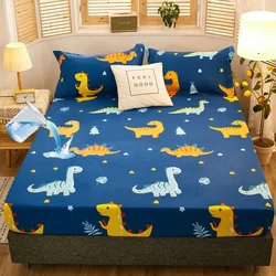 JBTP New 1Pc Waterproof Fitted Sheet with Elastic Cartoon Style Cute Dinosaur Print Bed Sheet for Kid Queen King Size Couvre Lit