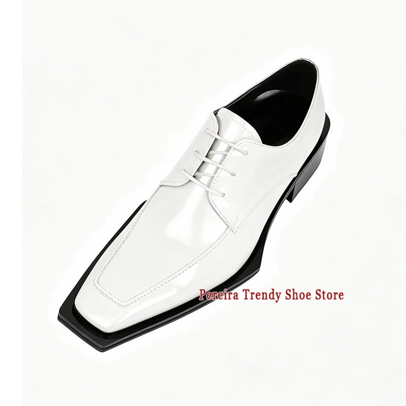 White Leather Men's Wedding Dress Shoes British Style Trendy Brown Black Square Toe Lace Up Derby Shoes Party Banquet Shoes