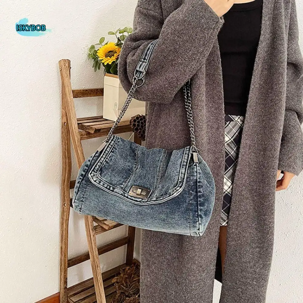 

Shoulder Bag Denim Canvas Bag Metal Chain Street Style Vintage Handbag Large Capacity Solid Color Solid Crossbody Bag Streetwear
