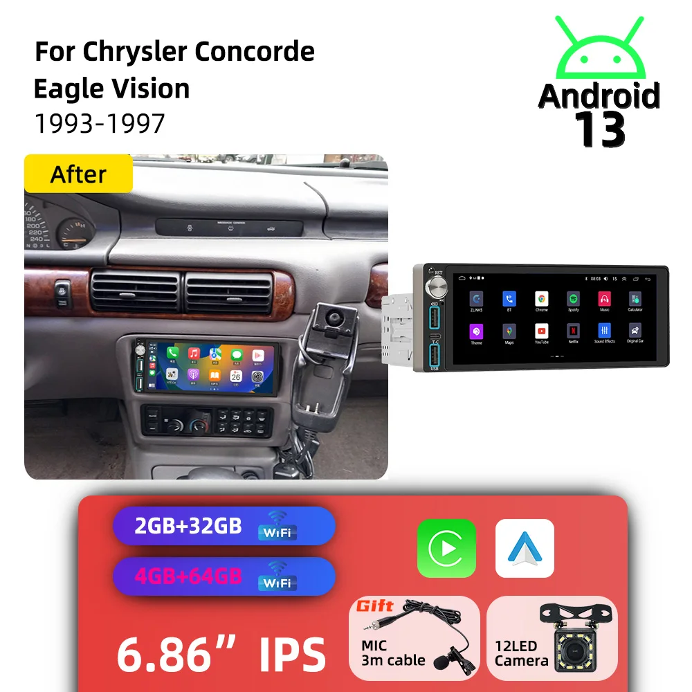 Radio con Pantalla de 6.86 Pulgadas y Sistema Android para Automóvil, Unidad Principal 1 DIN con Carplay, para Chrysler Concorde Eagle Vision 1993-1997, Autoradio, Sistema Multimedia para Automóvil, GPS, Estéreo