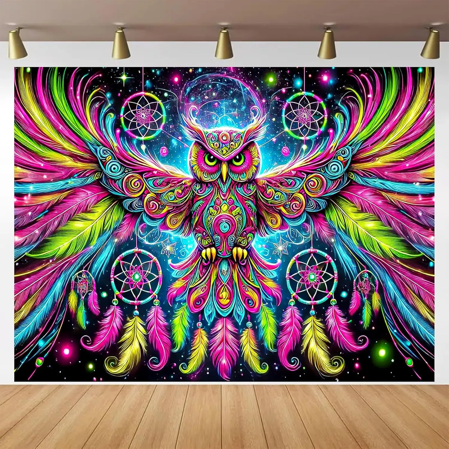 Психоделический гобелен Blacklight, баннер, неоновый гобелен, сова, яркий Ловец снов, луна, звезды, искусство, эстетическое богемное свечение в темноте