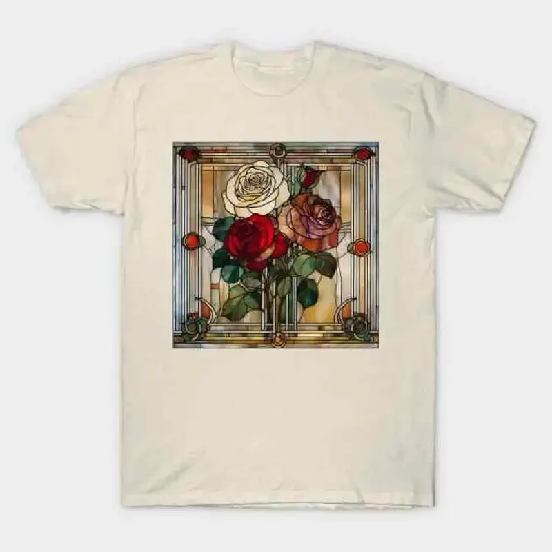 Stained Glass Roses Art Deco Style T Shirt S 5XL Fast Shipping