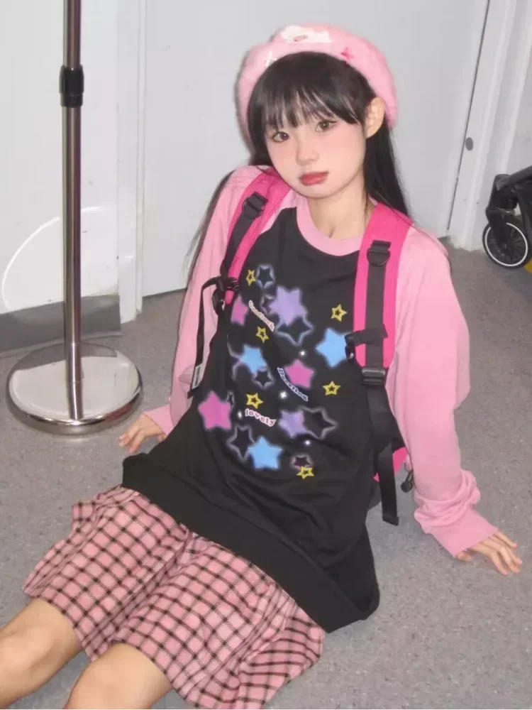 ADAgirl Frauen Stern Grafik Hoodies Y2K Ästhetische Raglanärmel Sweatshirt E-mädchen Übergroßen Harajuku Tops Cutecore Kawaii Kleidung