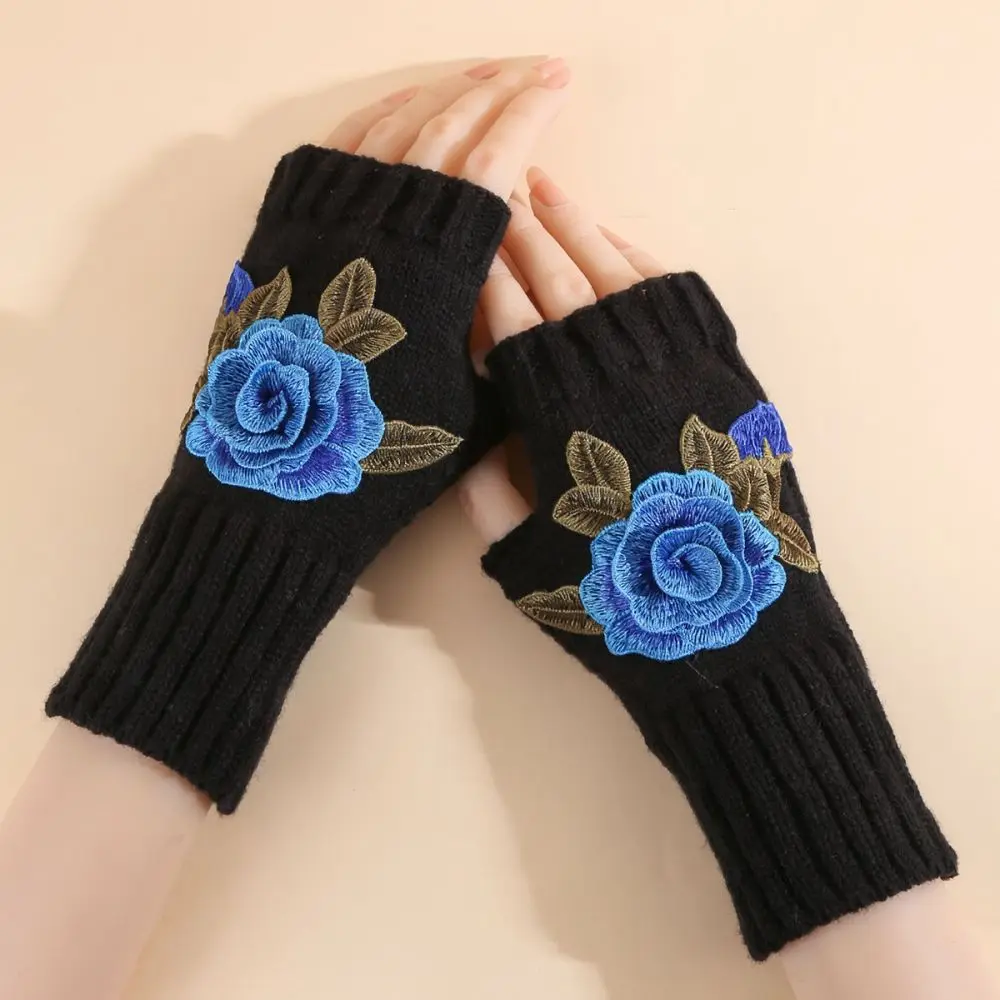 Elegant Floral Fingerless Gloves Women Winter Knitted Arm Warmers Soft Acrylic Thermal Half Finger Mittens Chic Fashion Style