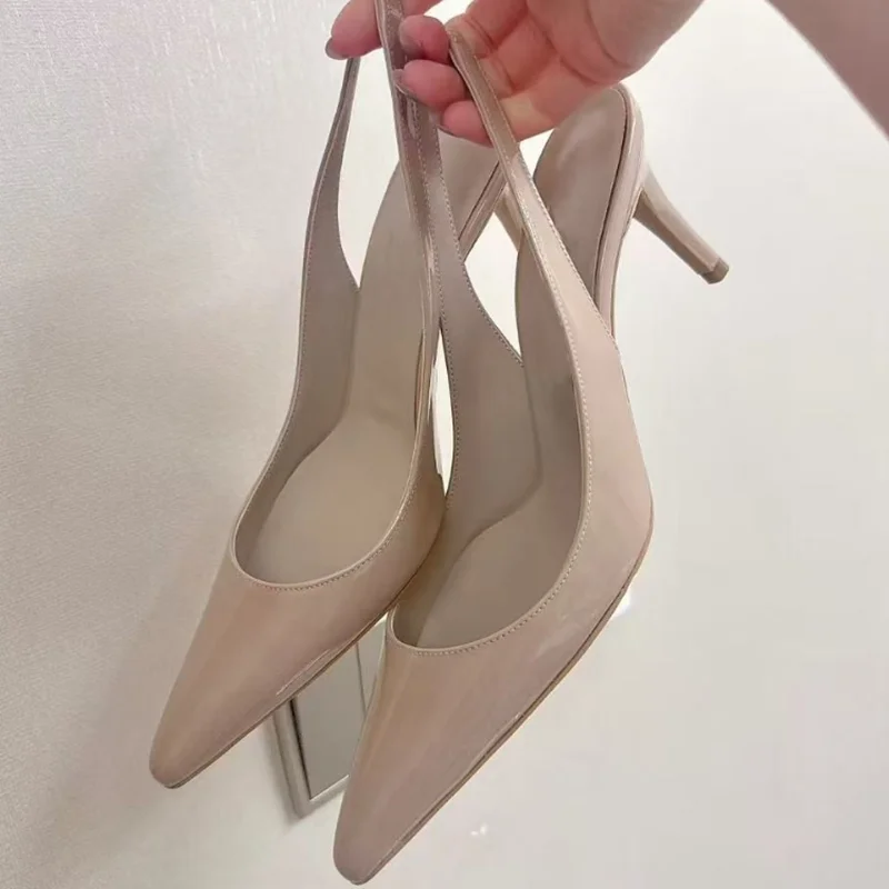 

Modern Nude Leather Women Slingback Pumps Pointed Toe Slip On 8cm Cover Heels Formal Female Wedding Brid Shoes