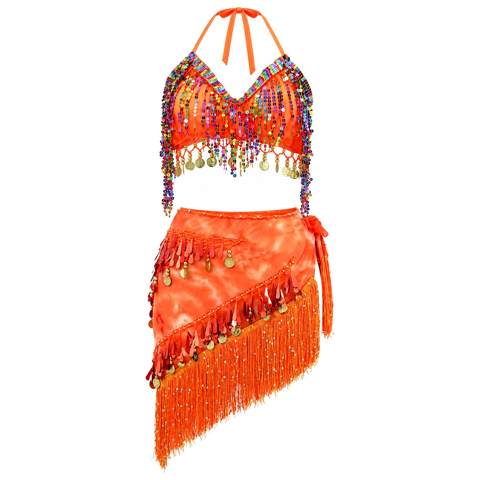 Women Belly Dance Outfit 2 Piece Sequins Tassel Self Tie Padded Bra Top and Lace Up Tie Dye Hip Scarf Skirt Modern Dancewear