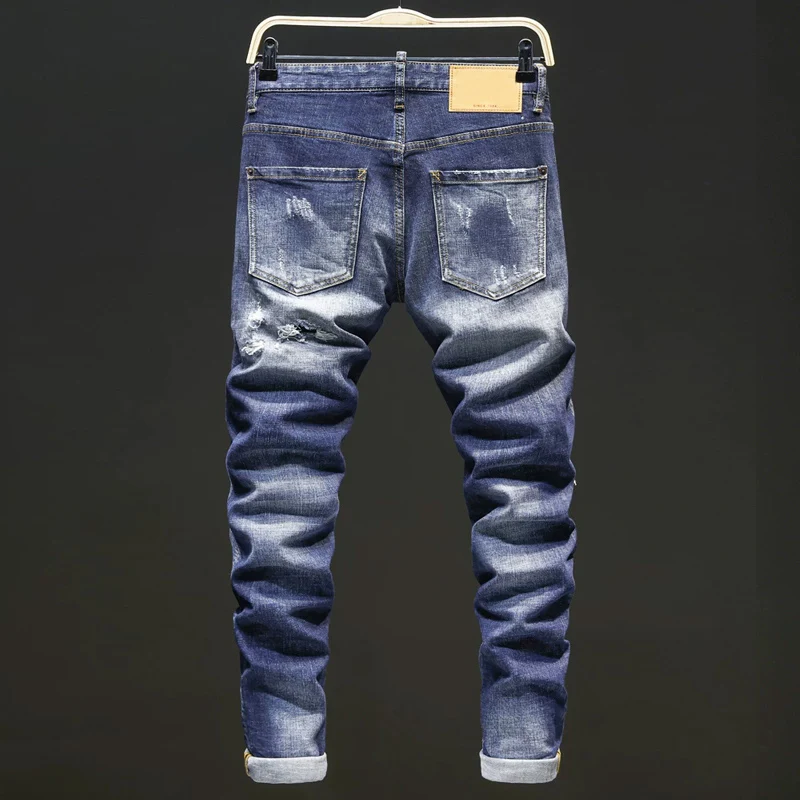 Men Deep‑Blue Streaky Wash Multi‑Position Frayed Ripped Stretch Skinny Denim Jeans Hip‑Hop Streetwear Denim Jeans hombre