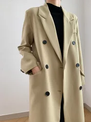 2023 spring solid color suit mid-length double-breasted women's loose black casual Korean suit jacket trench coat for women