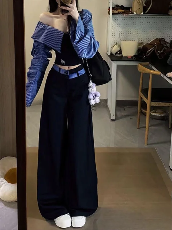 Spring New plus Size Shoulder Splice Women's Loose Casual Pants Slimming Effect Two-Piece Set Long Sleeve Long Pants