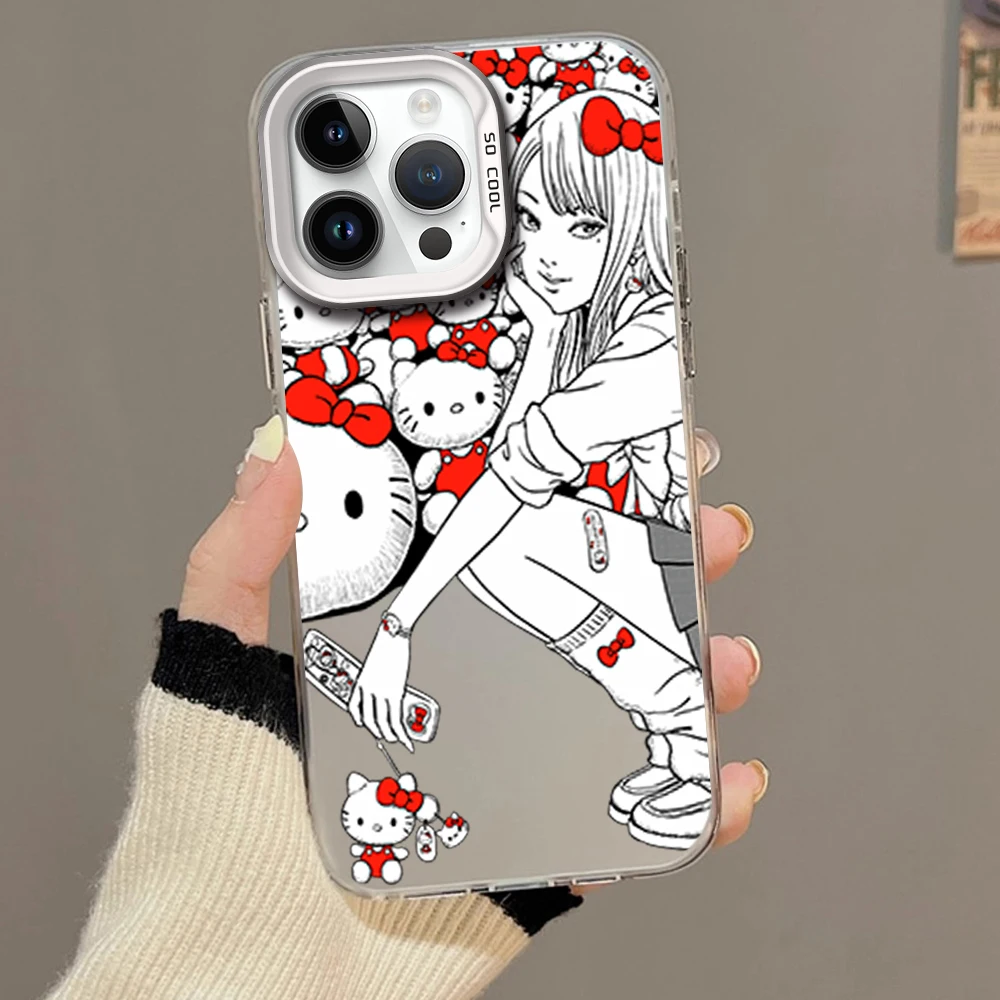 MINISO H-Hello Junji Ito K-Kitty Phone Case For iPhone 16 12 13 14 15 Pro Max Plus Color Electroplated Silver IMD Laser Shell