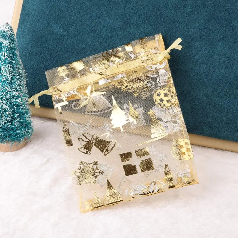 25pcs/lot 10x14cm New Gift Bag Organza Christmas Bag Gold Color Snowflake Prints Christmas Party Candy Bags Jewelry Packing