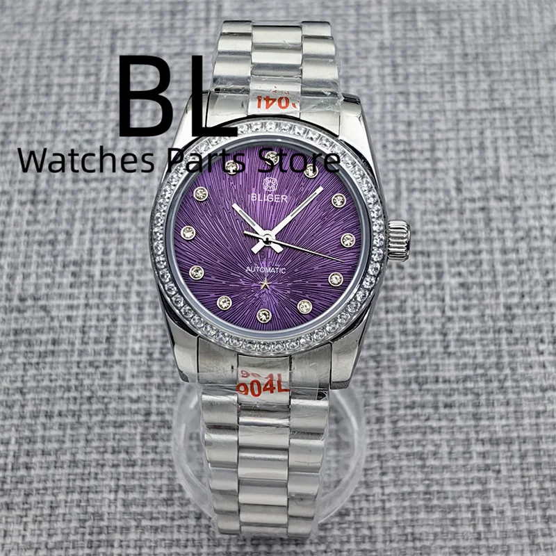 BLIGER 31mm Luxury Ladies Diamond Watch NH05 Automatic Decrated Star Signs Green Purple White Mother Pearl Dial Sapphier Crystal