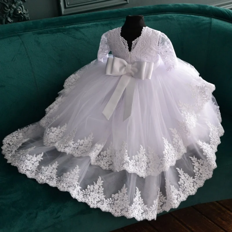 White Baby Baptism Dress Flower Girl Dresses O‑Neck Lace Sleeve Big Satin Bow Multi‑Layer Tulle Lace Appliqué Cake Gown