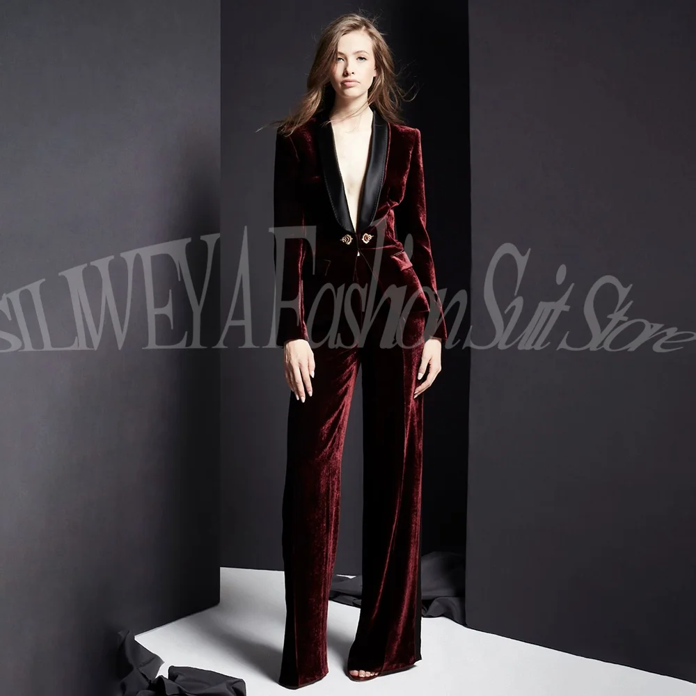 

Роскошный темно-красный бархатный комплект из 2 предметов, женский пиджак, брюки, высококачественный темпераментный пиджак, стильный комплект Trajes De Mujer Elegante