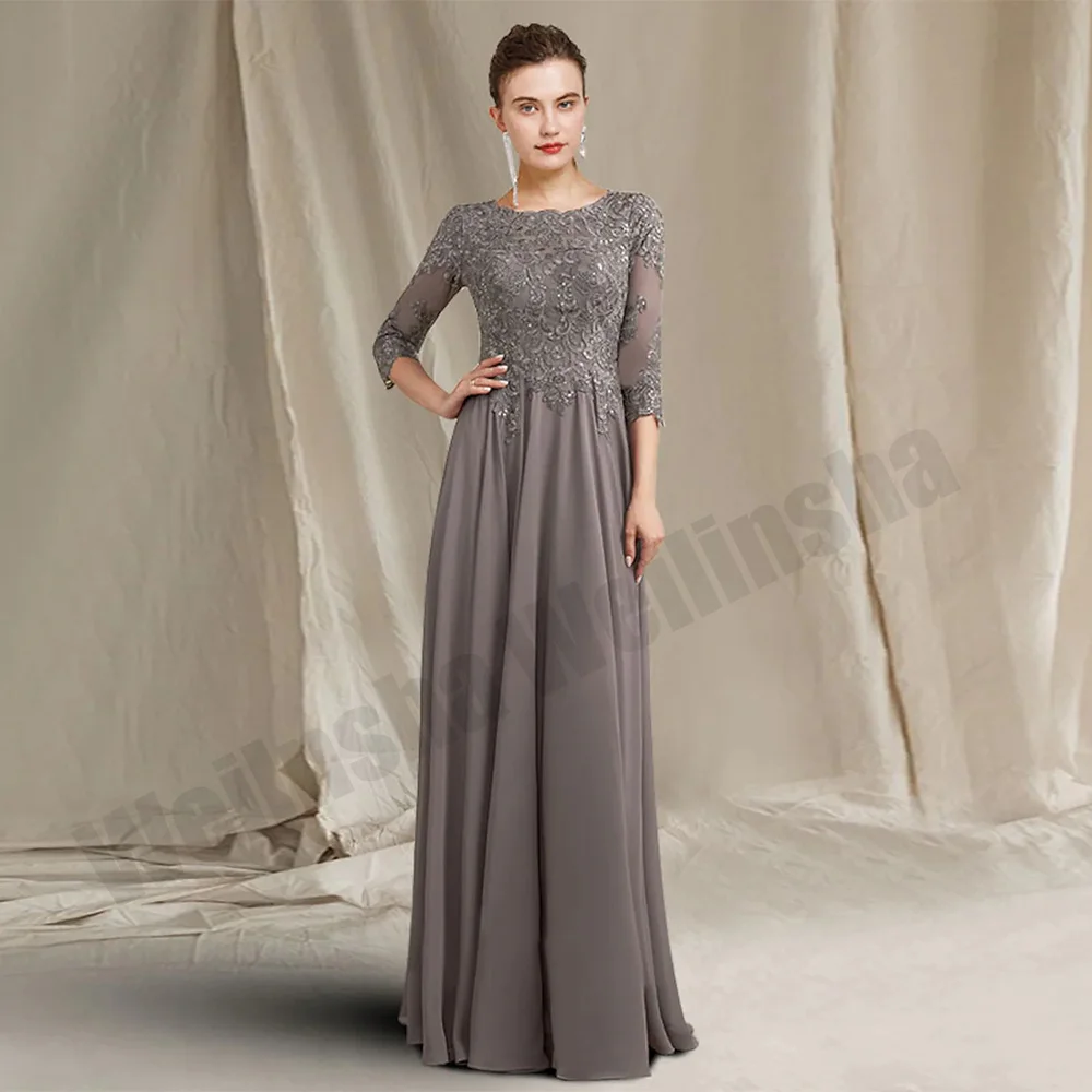 

Vintage Wedding Guest Dresses Elegant Beading Applique 3/4 Sleeves Scoop A Line Chiffon Mother of The Bride Dress Party Gown