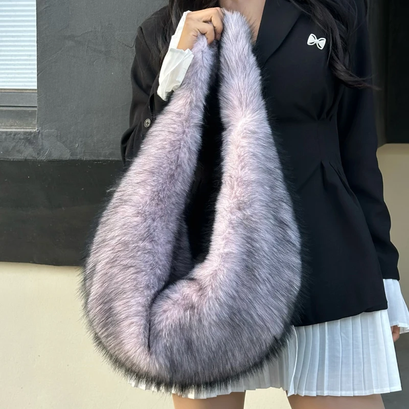 Faux Fur Half Moon Bags For Women Luxury Designer Handbag And Purses 2025 New In Leopard Print Imitation Rex Rabbit Fur Shoulder