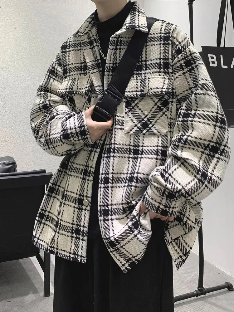 

Trendy Plaid Oversize Men's Shirt Coat Thickened Autumn Winter Black White Woolen Workwear Jacket Long Sleeve Youth Fashion