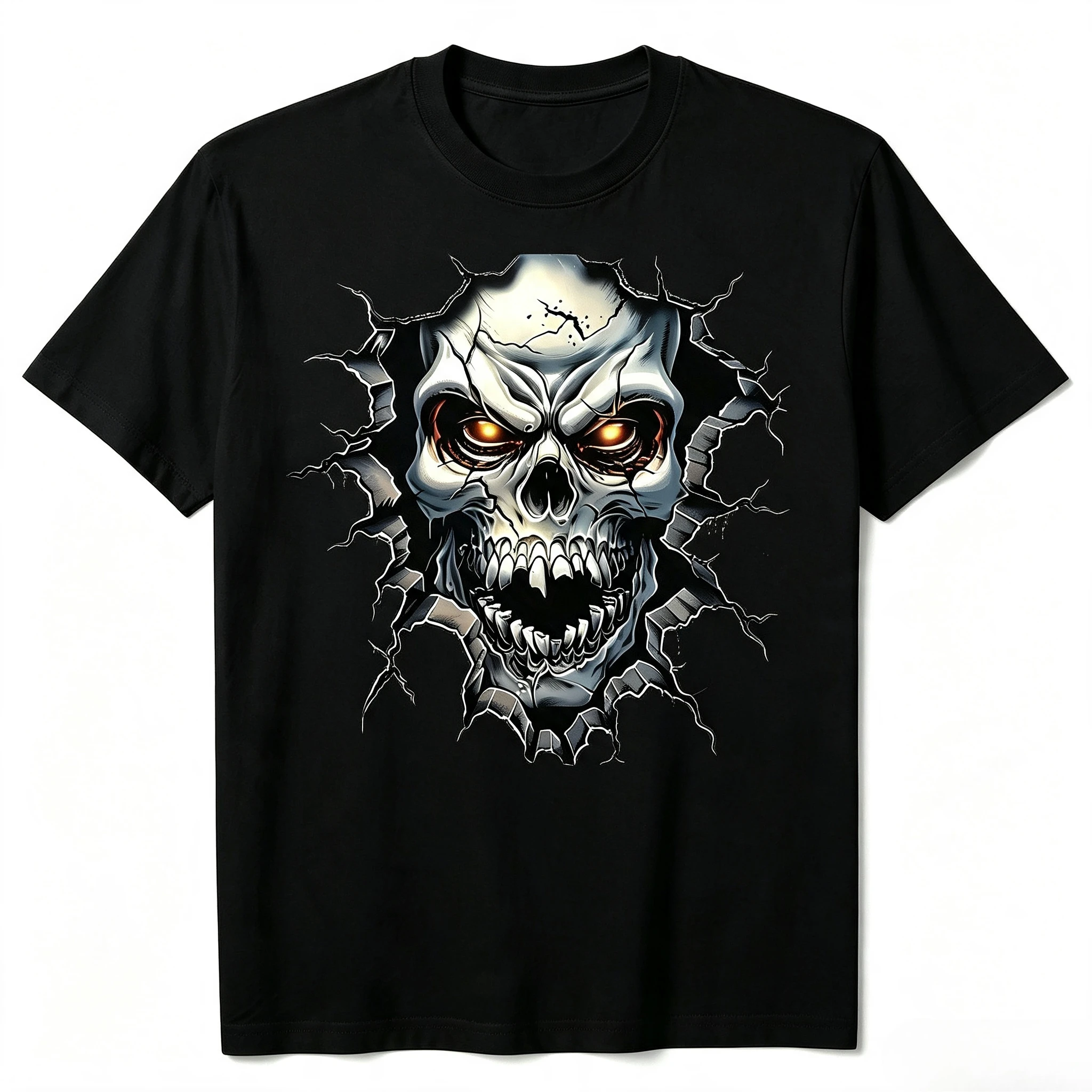 Through Wall Fierce Skull Art T-shirt Men Women Halloween Cool Skeleton Printed Tee Loose Daily Trendy Tops