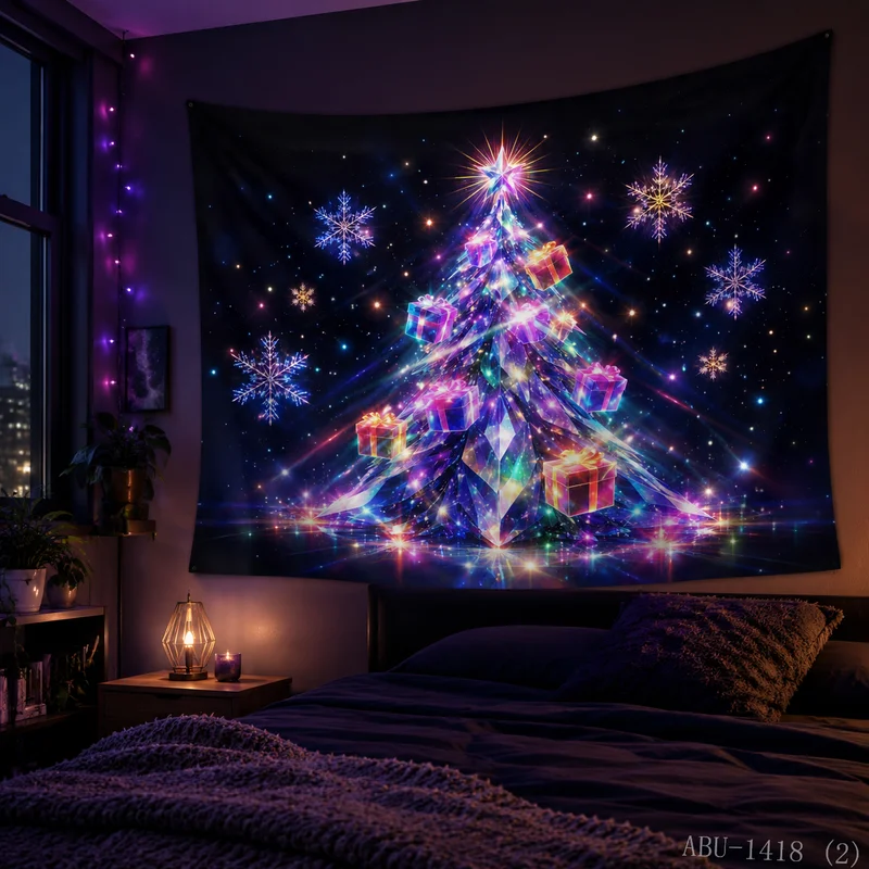 VIKAMA Colorful Crystal Starlight Christmas Tree Gift Box Christmas Tapestry Background Hanging Cloth Living Room Room Decor