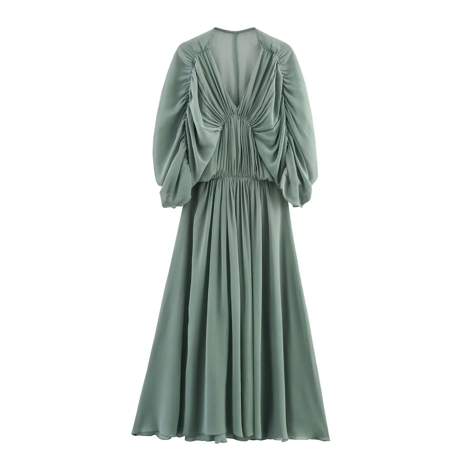 

BM&MD&ZA Womens Casual Loose V - Neck Batwing Sleeve Flowy Chiffon Midi Dress with Pleated Design
