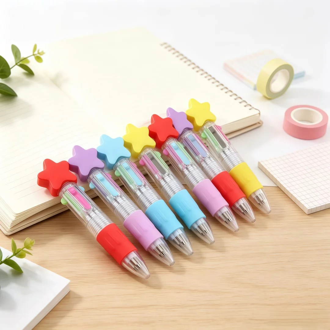 Cute Star Topper 4-Color Retractable Ballpoint Pen, 5-50Pcs Multi-color Ink Pen, Portable Writing Stationery for Office & Party