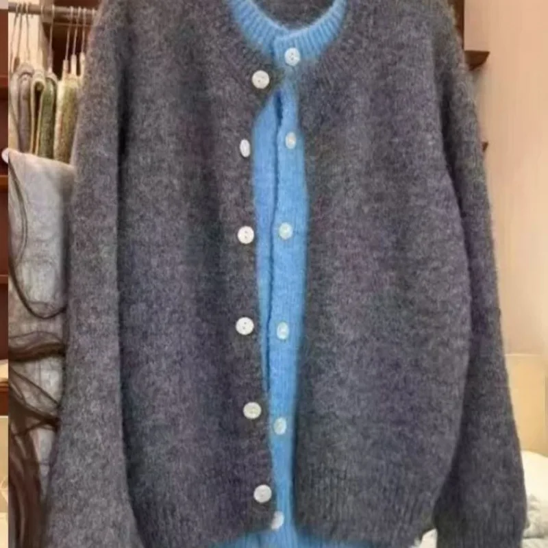 

Comfortable Lazy Style Autumn Winter Fashion Outerwear Ladies Loose Knitted round Neck Sweater Jacket Fake Two-Piece Blue