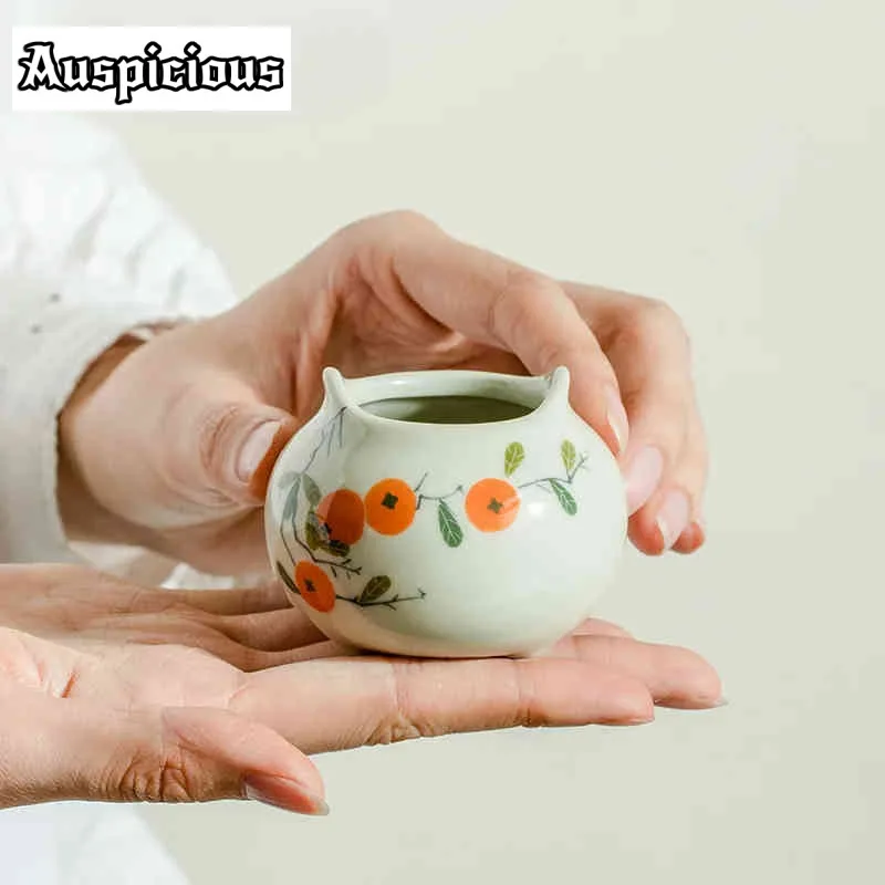 Pure Hand-painted Persimmon Double Ear Incense Burner Grass Wood Ash Sandalwood Burner Zen Censer Burner Holder Small Ornament