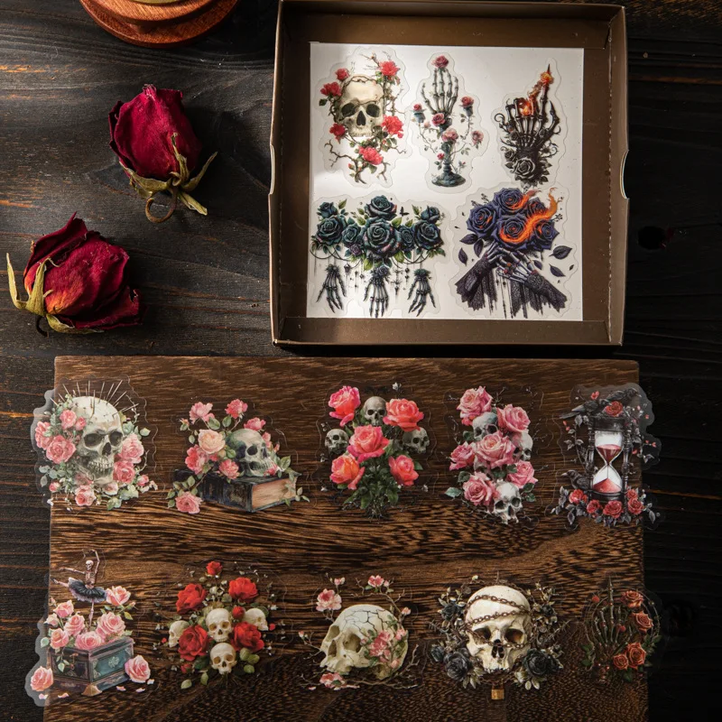 1 Packung/3 Packung Gothic Floral Rose Serie PET-Aufkleber Dark Style Memory Theme 6 Designs Scrapbook Kreative Dekorationsmaterialien