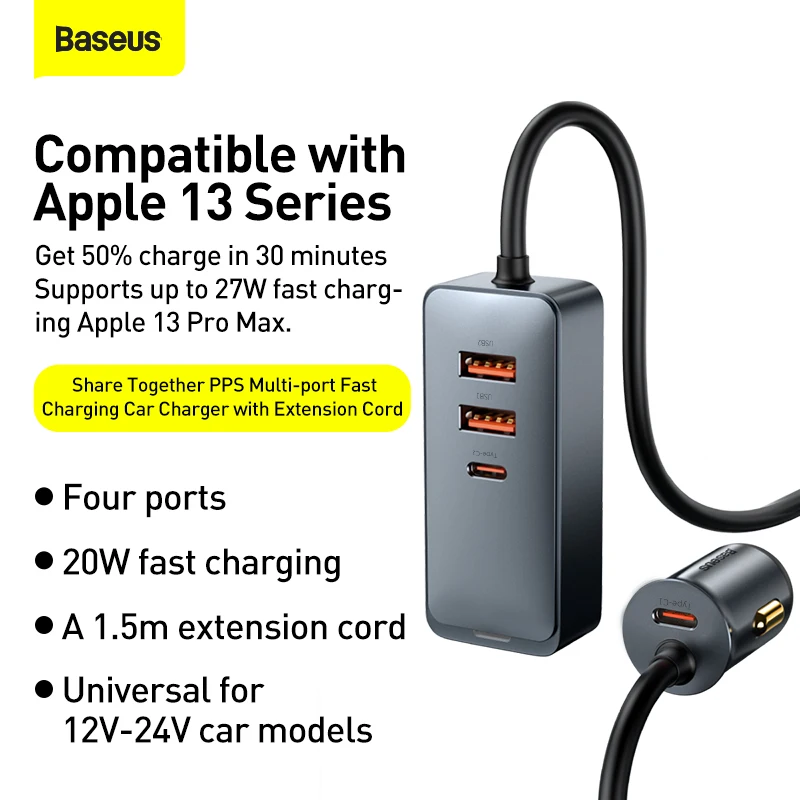 Baseus 120W ładowarka samochodowa 4-portowa przedłużacz 1.5m PD27W QC3.0 USB C szybkie ładowanie dla iPhone 13 14Pro Max Xiaomi Samsung Huawei
