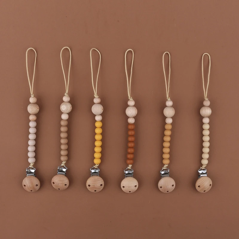 Baby Pacifier Clips BPA Free SIlicone Beads Beech Wood Beads Dummy Nipple Holder Clip Newborn Infants Pacifier Chain  Accessory