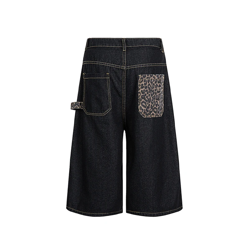 Celana Pendek Pakaian Kerja Denim Sambungan Motif Macan Tutul Celana Capri High Street Amerika Baru Musim Panas Pria Celana Panjang Fashion Longgar Kasual