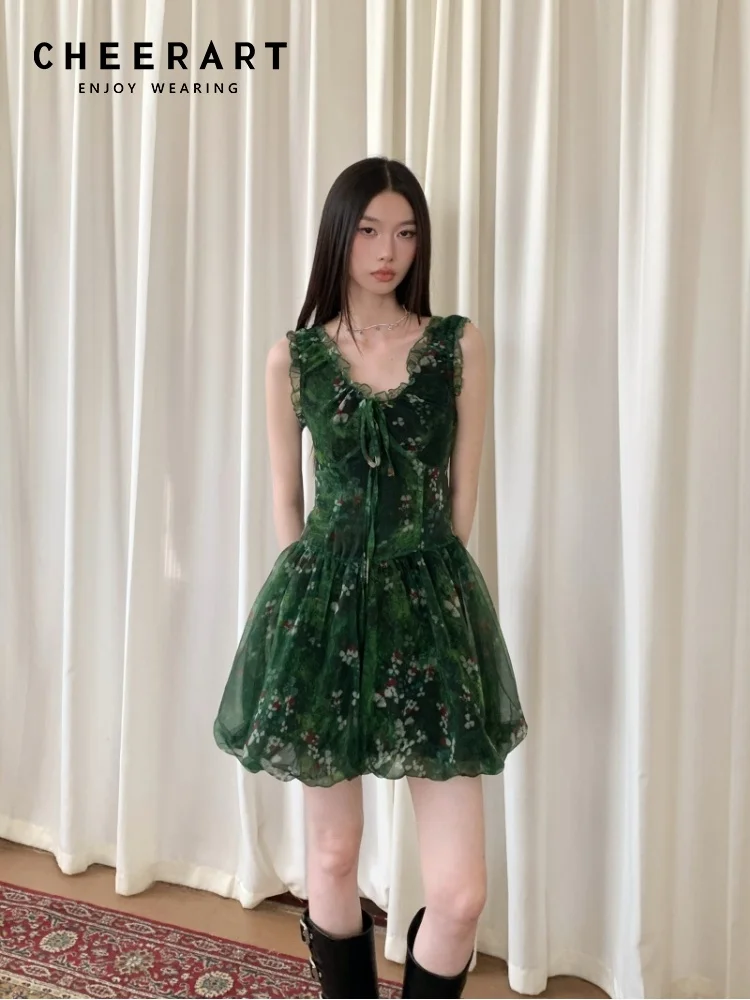 Cheerart チュールグリーン花柄フリルショートドレス 2025 女性ノースリーブボールガウンシフォンミニ誕生日ドレス高級夏