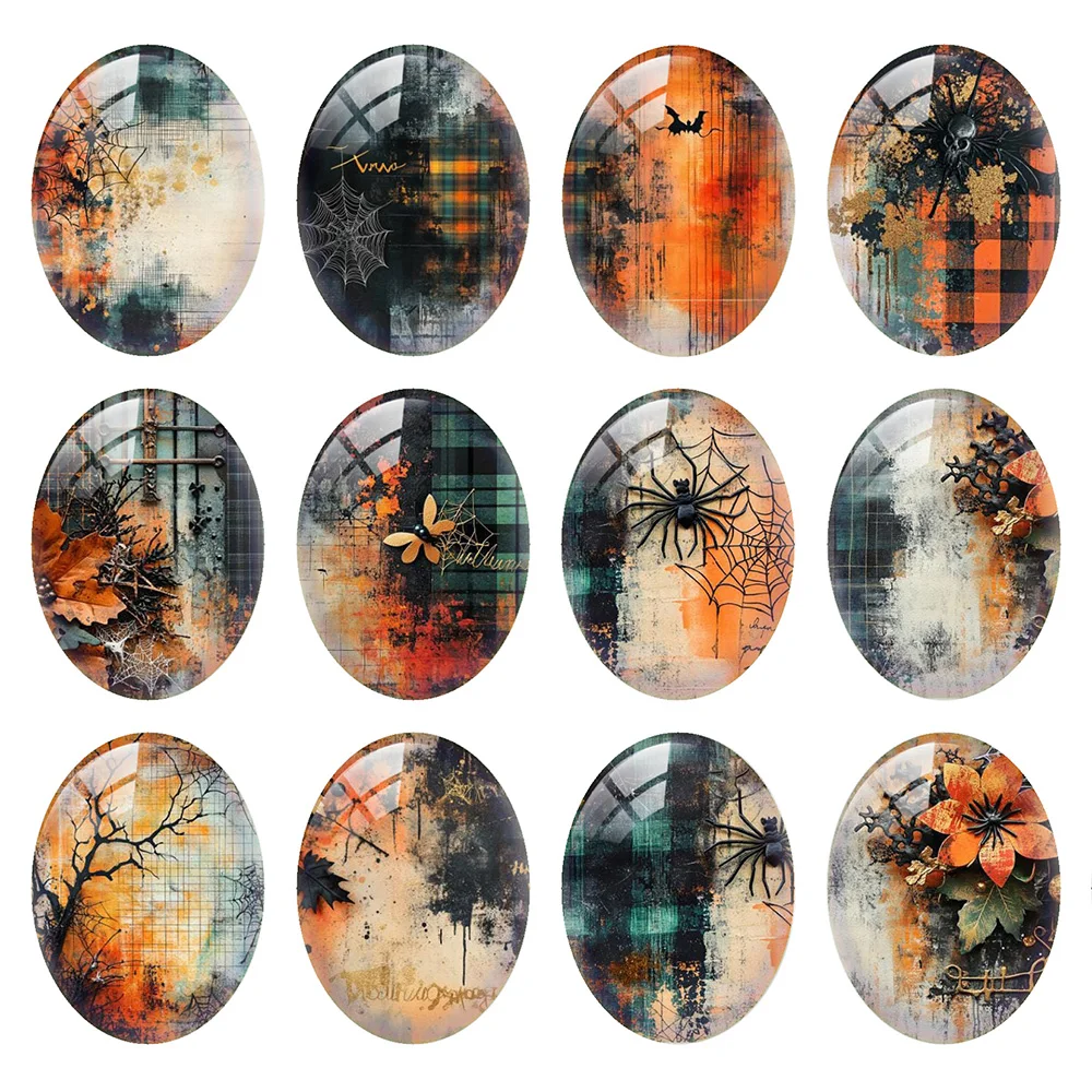 

10pcs/lot Horror Gothic Halloween Spider Orange Plaid Bat Oval Photo Glass Cabochon Flatback Demo Cameo Diy Jewelry Making