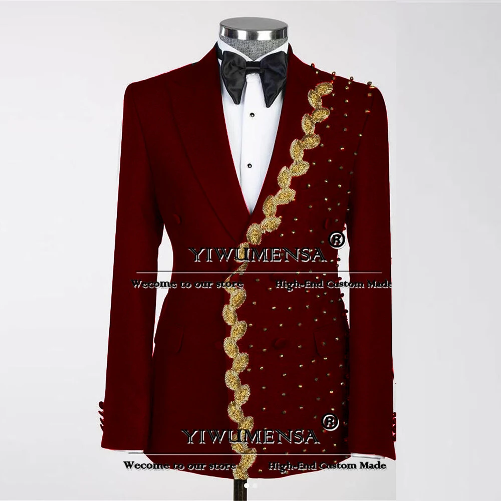 Exquisite Suits Men For Wedding Double Breasted Prom Balazer Crystals Beaded Pearls Jacket Pants 2 Pcs Groom Tuxedo Man Clothing