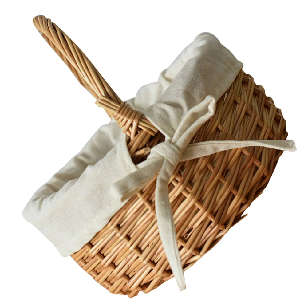 

Picnic Basket Hand Woven Wicker Storage Basket Handle Soft Lined Multifunctional Snack Fruit Candy Organizer