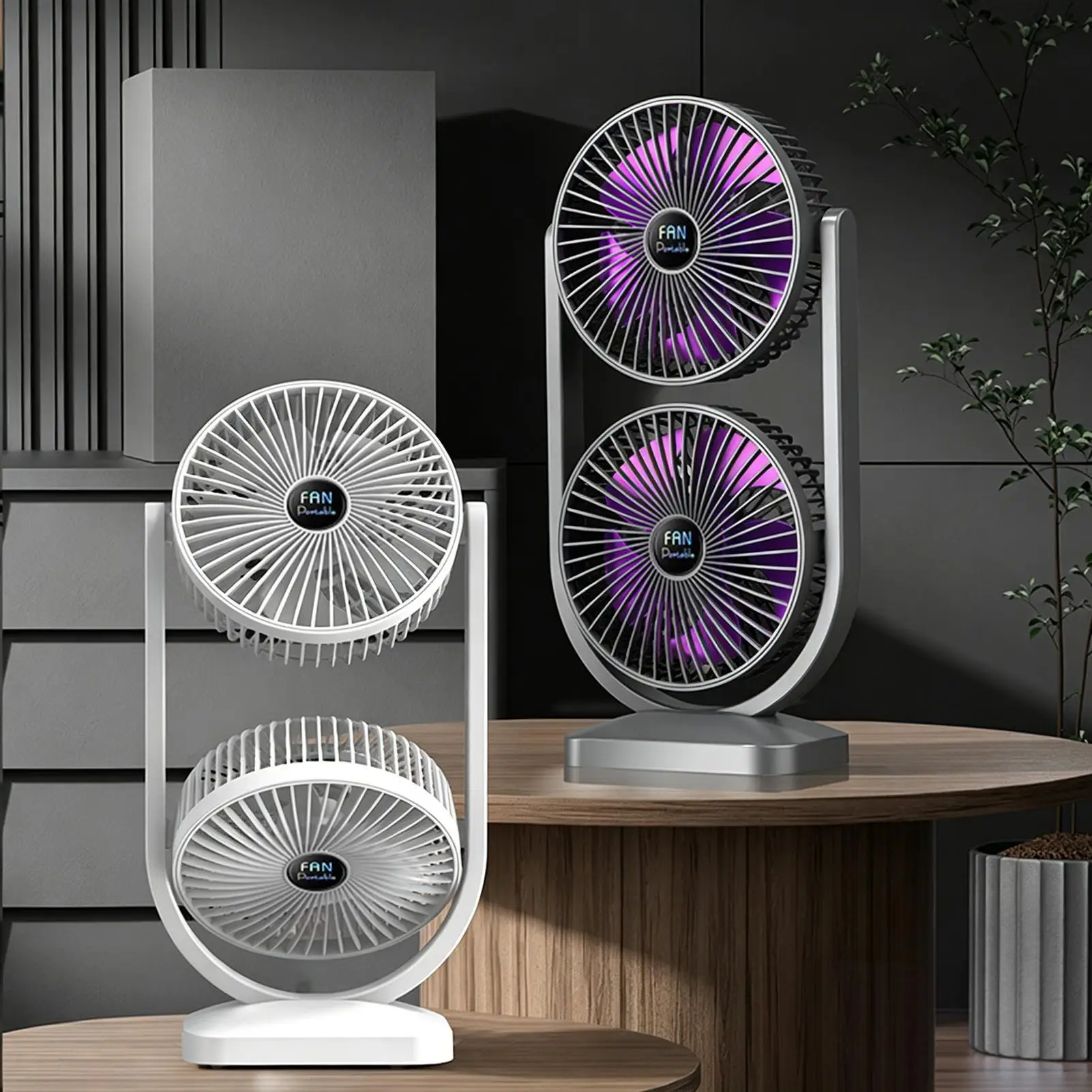 Double Head Desk Fan Quiet Angle Rotation Air Circulation Rechargeable Bedside Fan For Bedroom Dorm Home Work Outdoor Sports