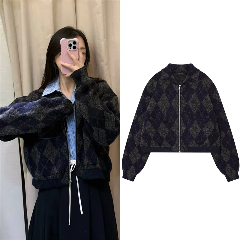 

Women's Coat 2025 Autumn New Style Color-block Diamond Check Long-sleeve Zip-up pilot Jacket Personalized Fashionable