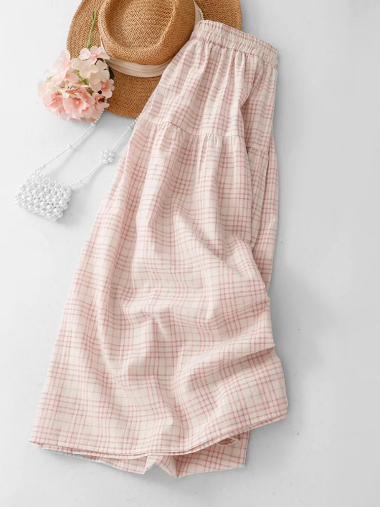 Summer Women's Plaid Cotton Liner Skirt High Waist A-Line Midi Skirt Elastic Waist Slimming Drapey Vintage Style Commute Wear
