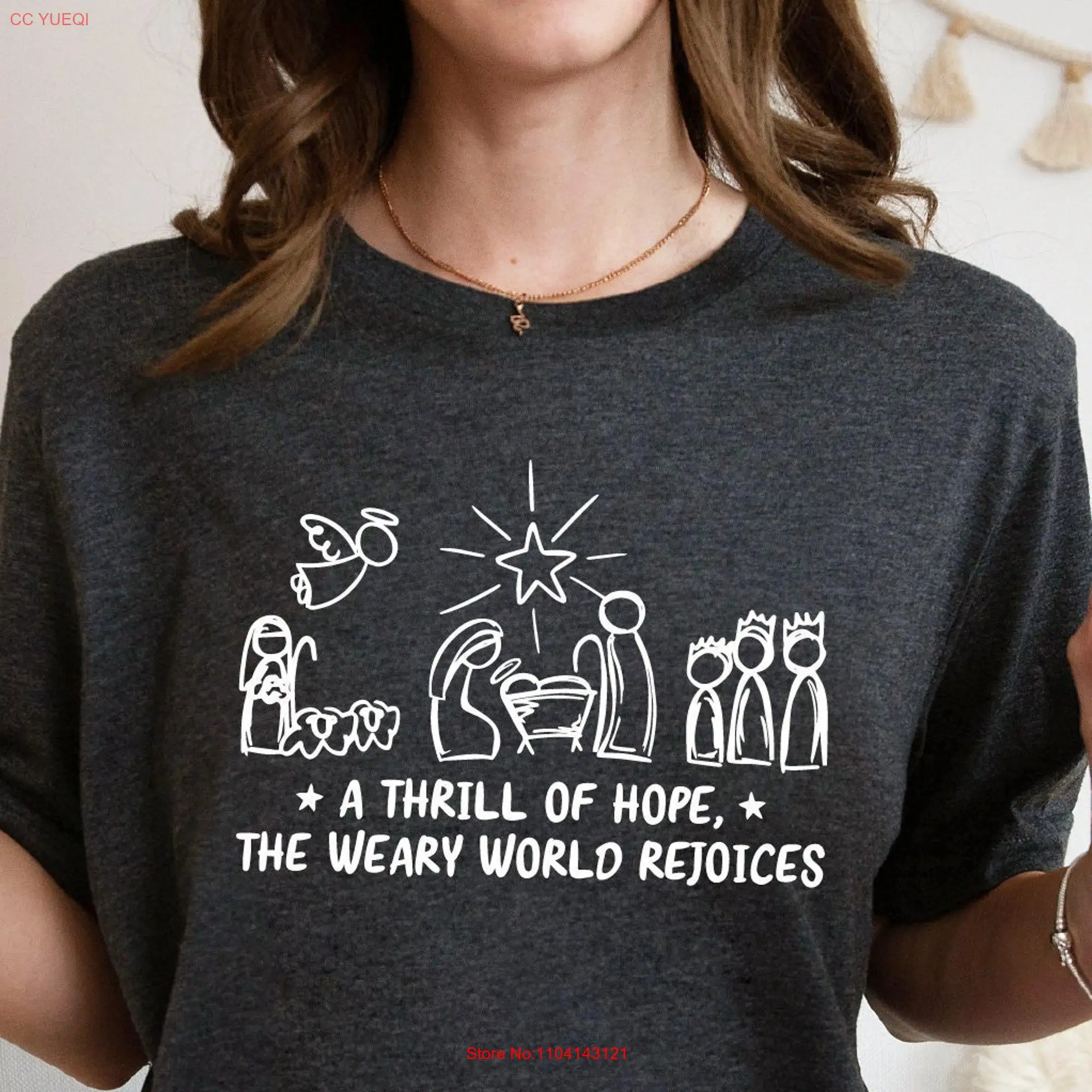 A Thrill Of Hope The Weary World Rejoices T Shirt Christian Christmas Nativity Scene Jesus long or short sleeves