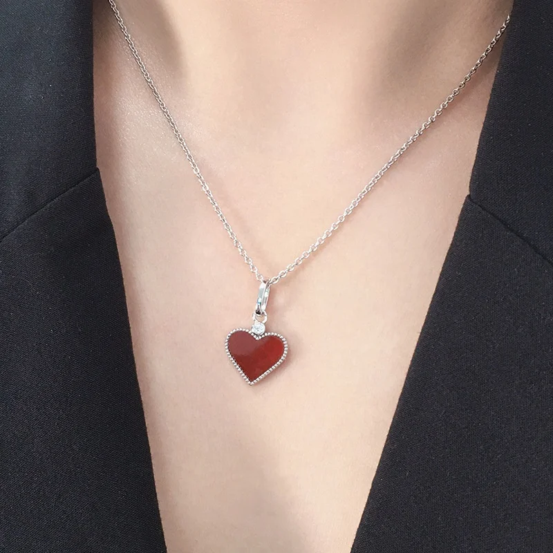 925 Silver red agate collarbone women chain female necklace small red heart girlfriend gift wedding gift for guests party favors